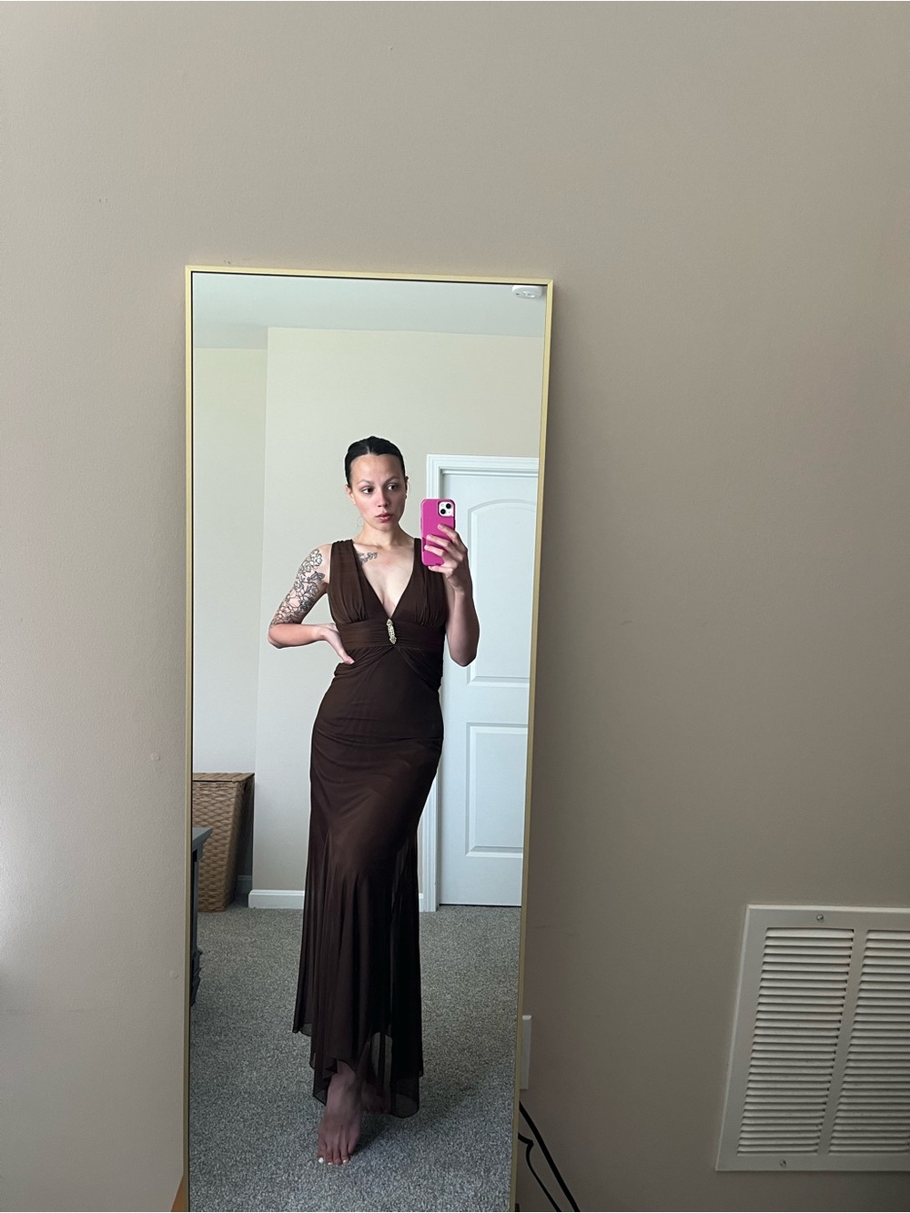 VTG Y2K Morgan & Co Chocolate Brown Plunging V-Neck Open Back Whimsical Dress